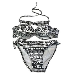 BLACK & WHITE Southwest Elephant & Cactus String Bikini Set Sz L